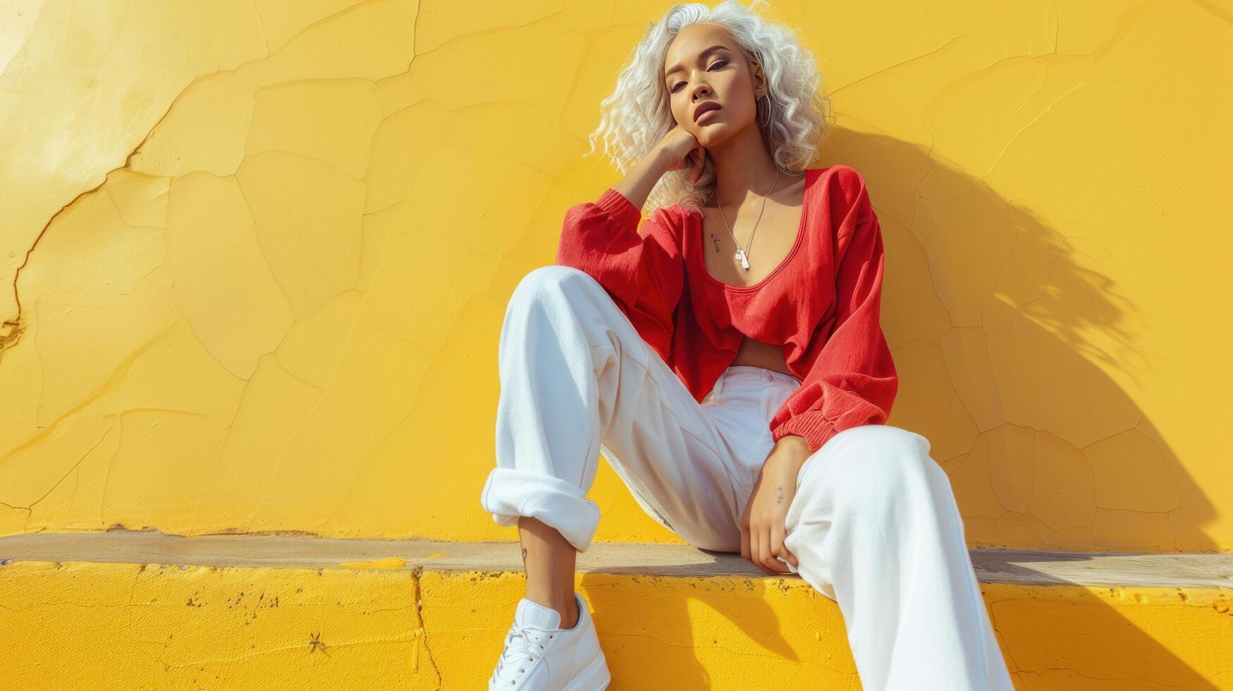 ai généré une Jeune magnifique femme avec blanc cheveux dans une rouge Haut et blanc énorme un pantalon et blanc baskets est assis photo