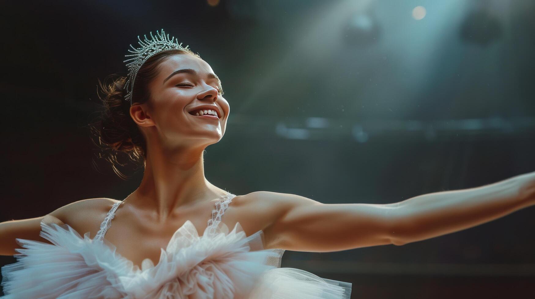 ai généré un élégant ballet Danseur, habillé dans une gracieux tutu, poutres avec joie comme elle pose gracieusement pour le caméra photo