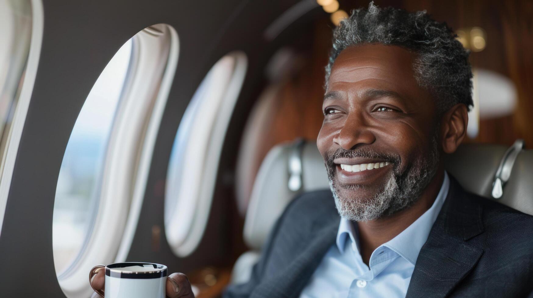 ai généré une homme d'affaire souriant, en portant une tasse, et regarder en dehors de une fenêtre dans une privé avion photo