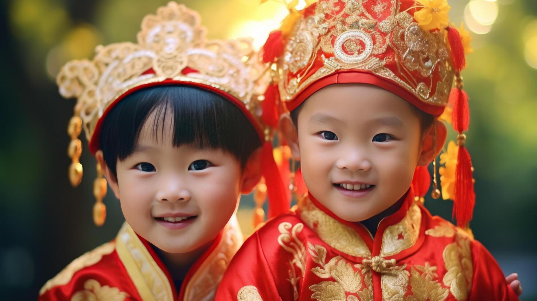 ai généré joyeux Jeune duo dans fleuri rouge costumes photo