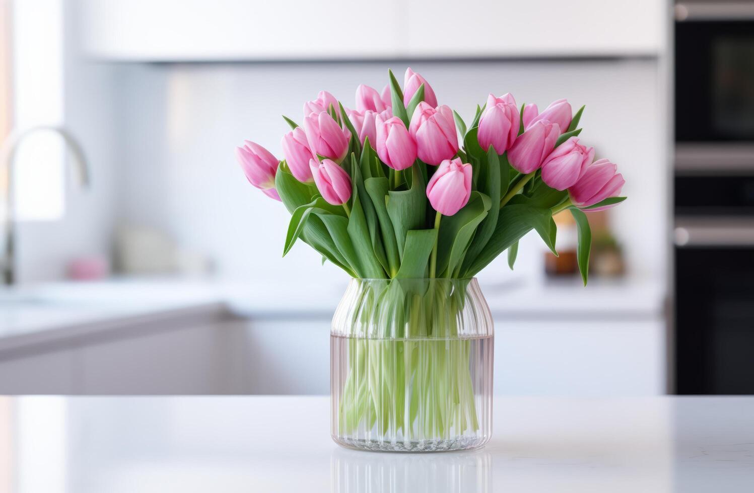 ai généré rose tulipes arrangé dans une verre vase, orner une cuisine comptoir. photo