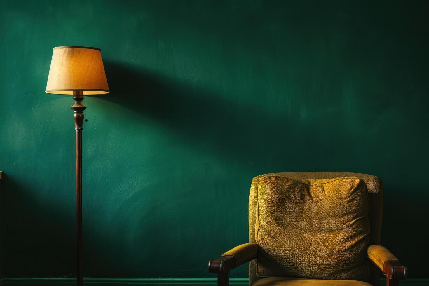 ai généré vert mur avec une chaise et lampe proche photo