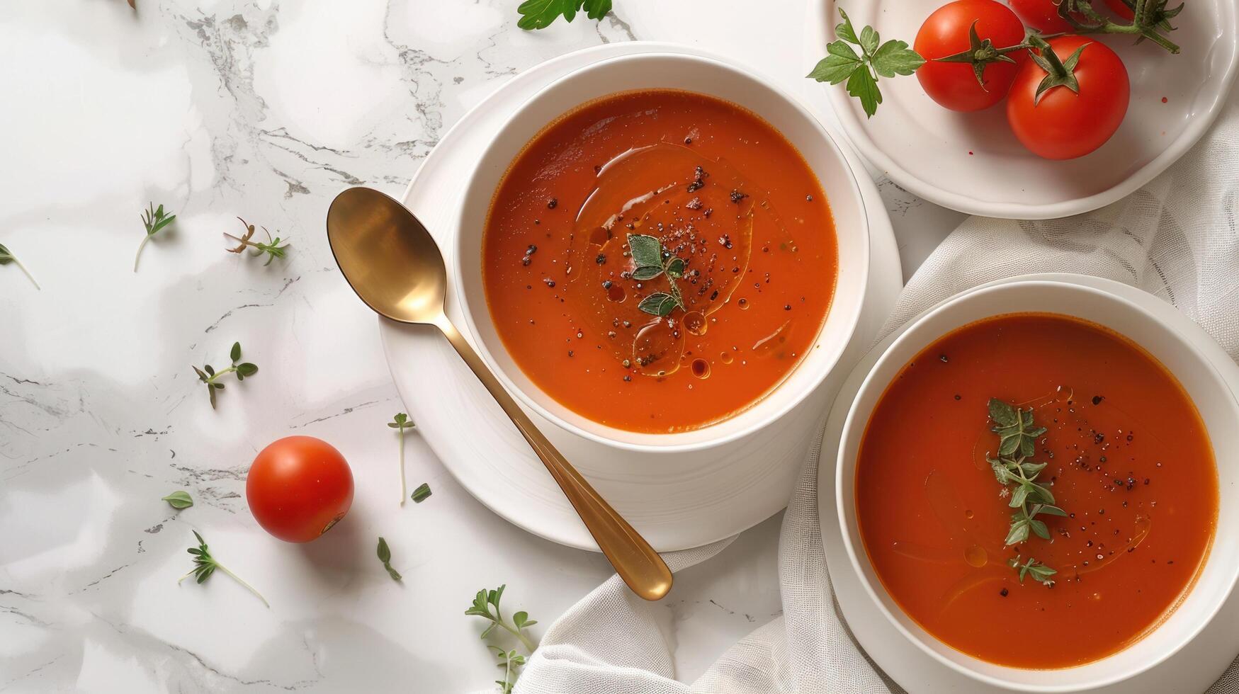 ai généré magnifique photo de tomate soupe dans blanc assiettes sur une blanc marbre table