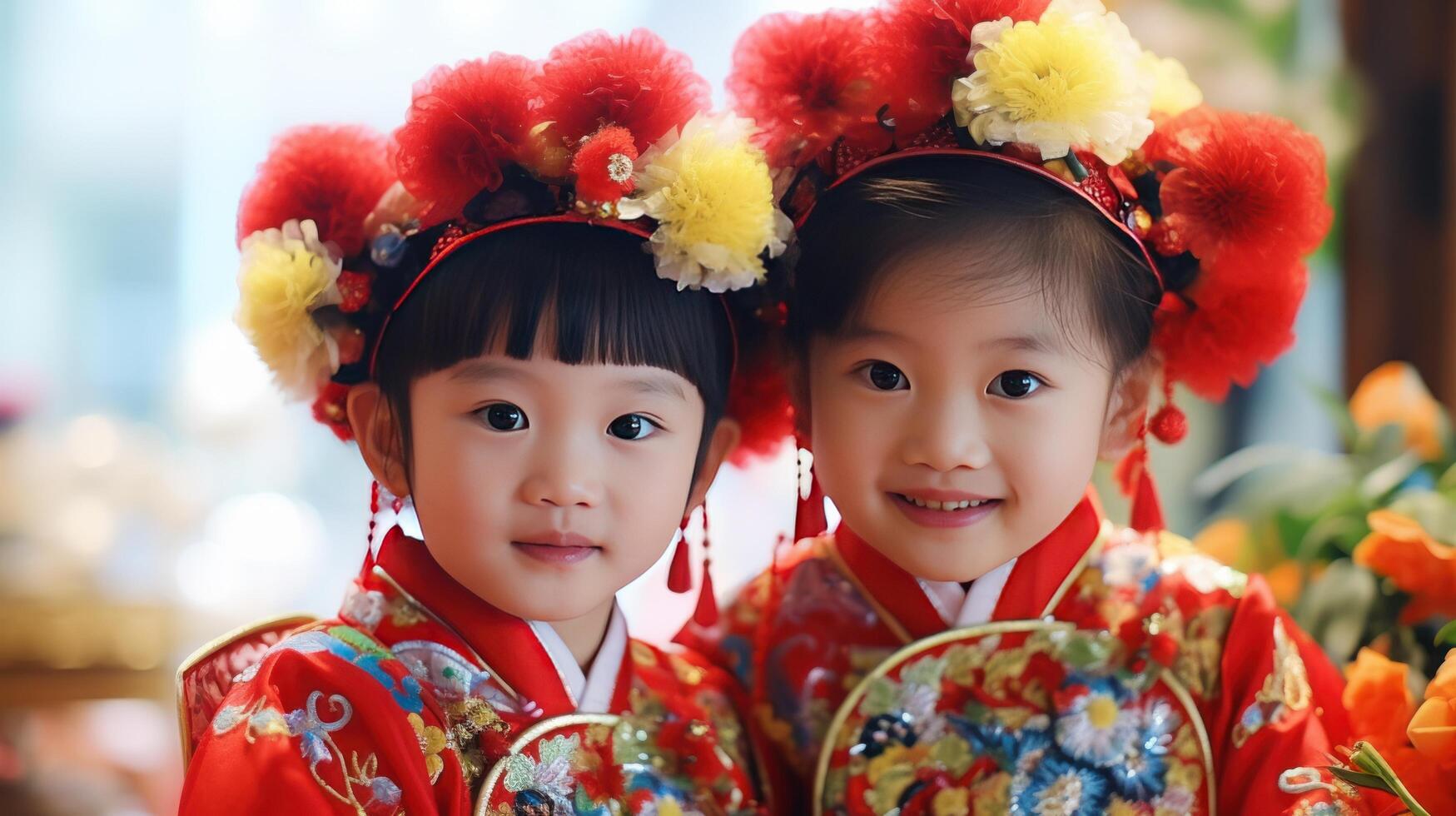 ai généré joyeux Jeune duo dans fleuri rouge costumes photo