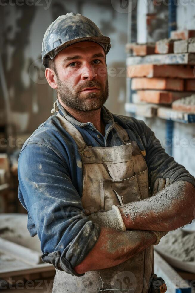 ai généré portrait de une maçon dans le lieu de travail. construction ouvrier photo