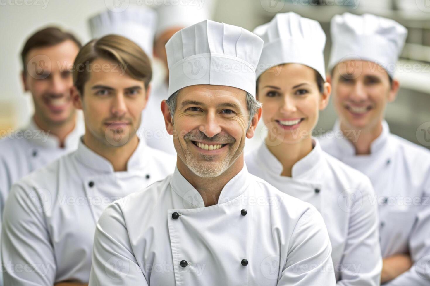 ai généré content souriant du chef équipe dans le sien cuisine photo