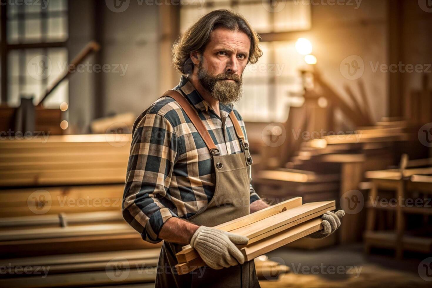 ai généré Sénior Masculin Charpentier en portant bois photo