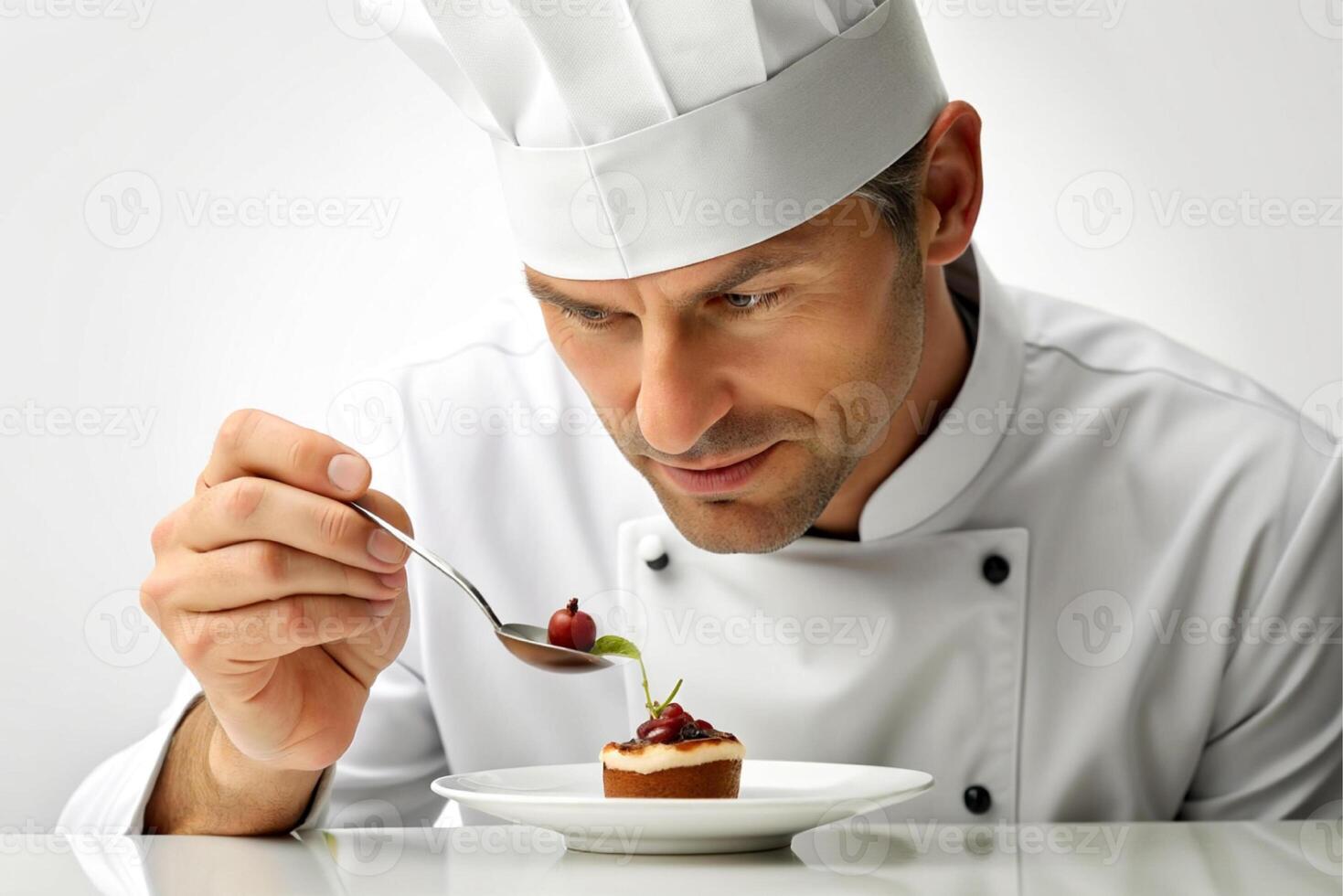 ai généré homme chef décorer délicieux dessert. photo