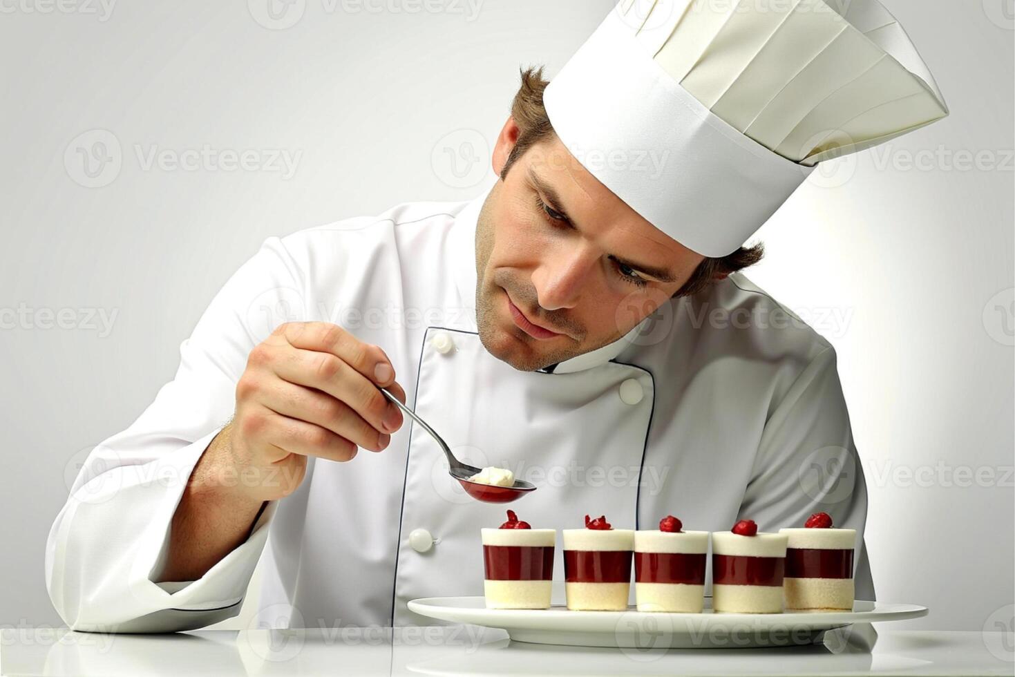 ai généré homme chef décorer délicieux dessert. photo