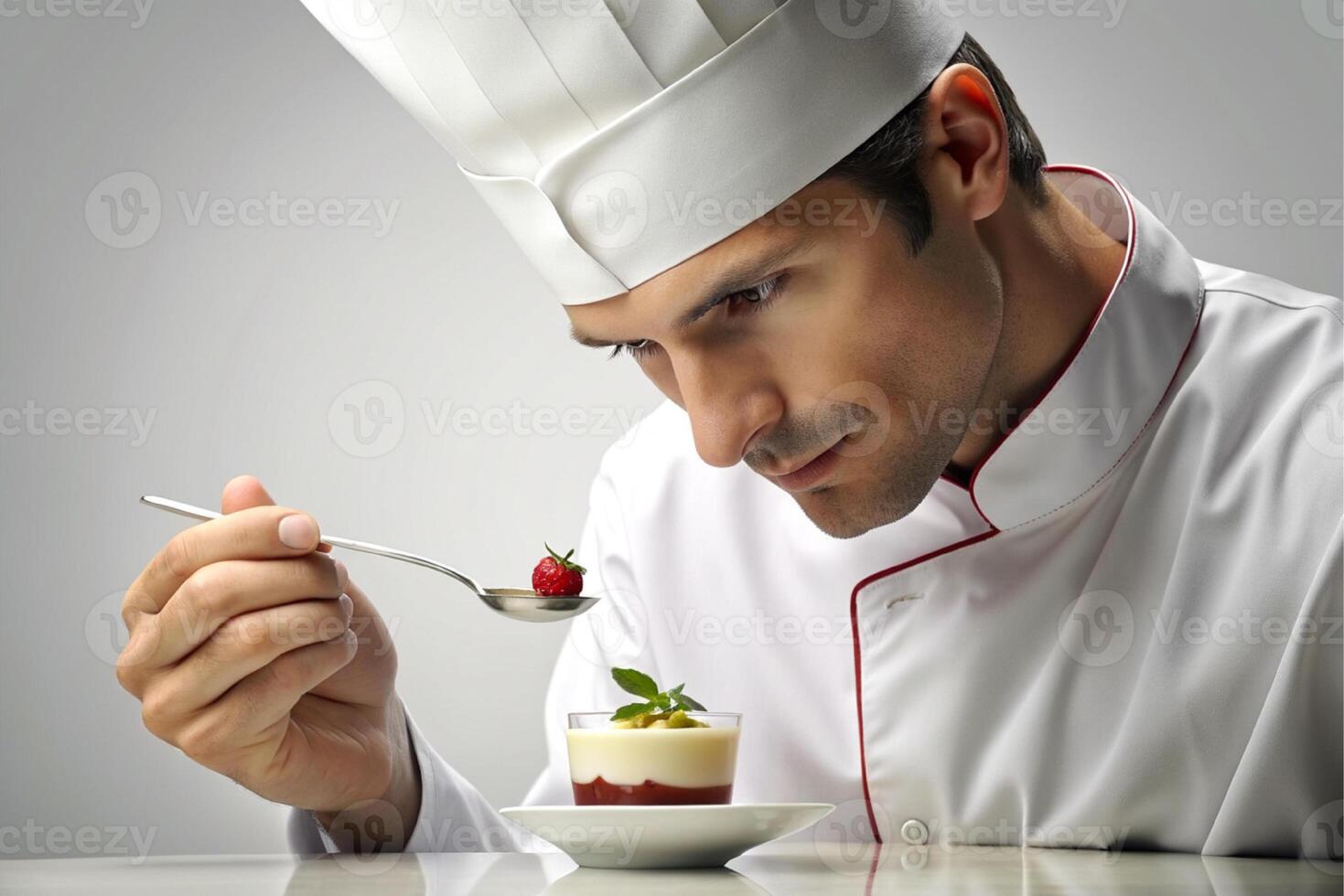 ai généré homme chef décorer délicieux dessert. photo