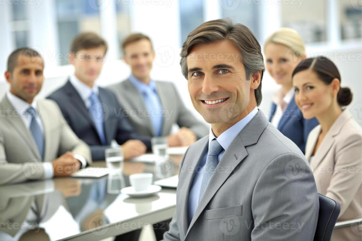 ai généré moderne Bureau équipe de affaires gens sourire et parler photo