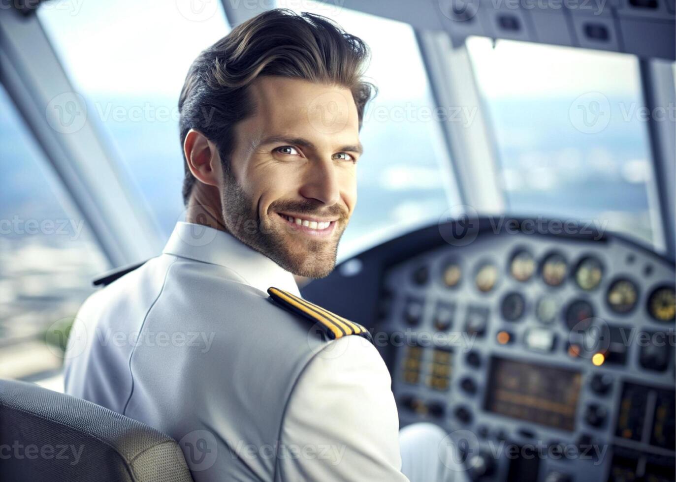 ai généré sur de soi Masculin pilote souriant tandis que séance dans cockpit photo