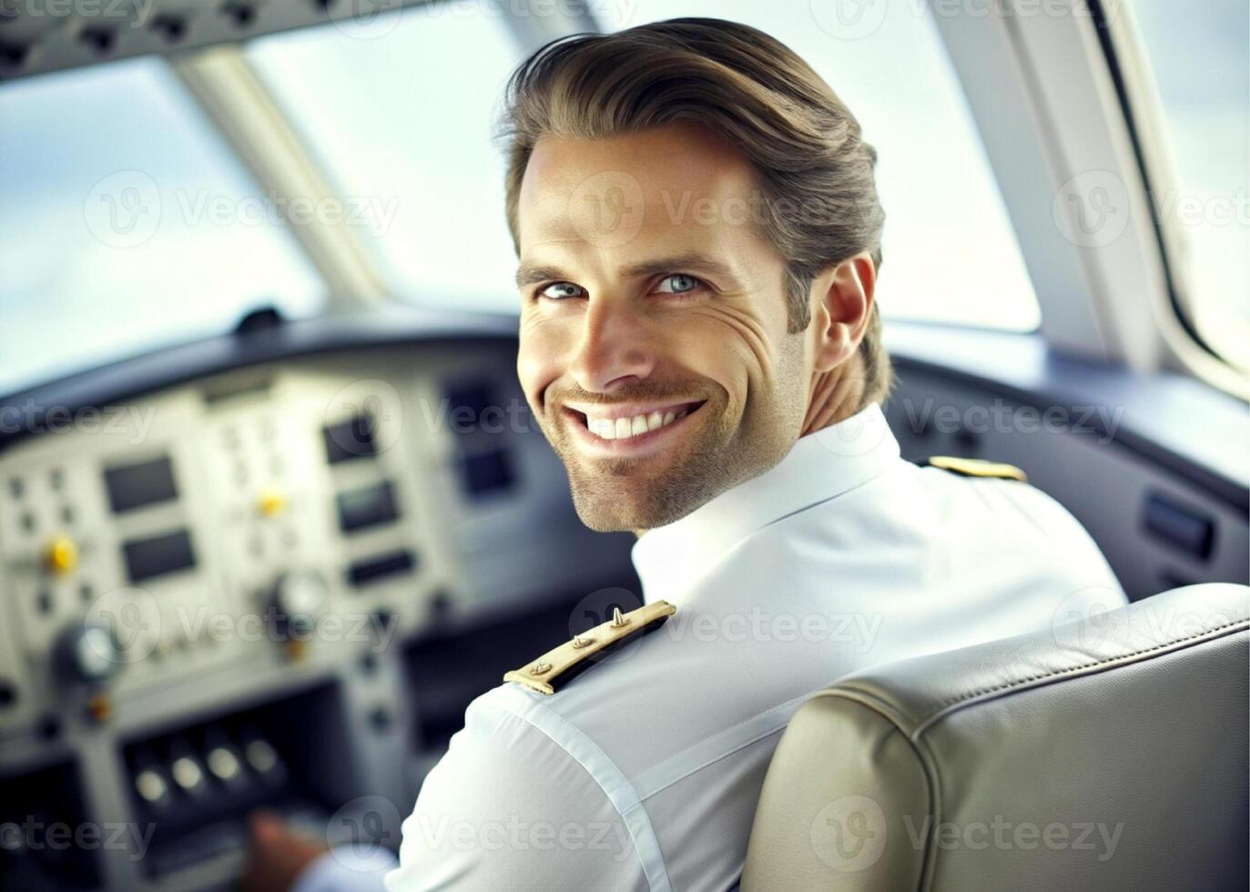 ai généré sur de soi Masculin pilote souriant tandis que séance dans cockpit photo