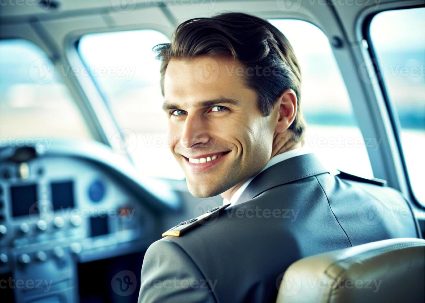 ai généré sur de soi Masculin pilote souriant tandis que séance dans cockpit photo