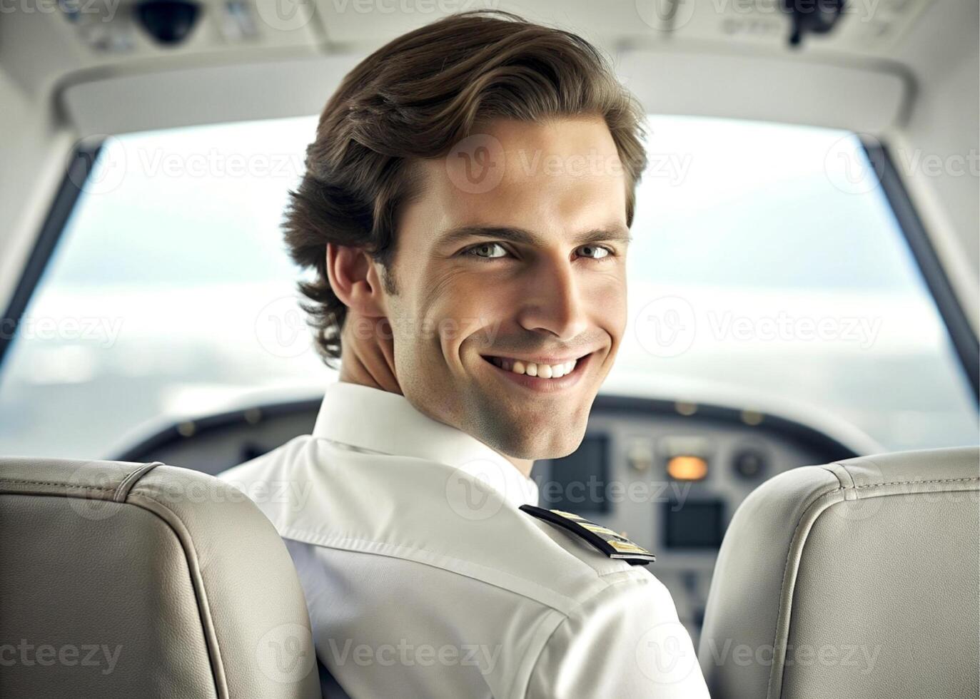 ai généré sur de soi Masculin pilote souriant tandis que séance dans cockpit photo