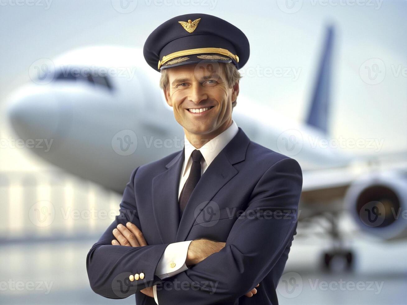 ai généré sur de soi Masculin pilote dans uniforme en gardant bras franchi et souriant avec avion dans le Contexte photo