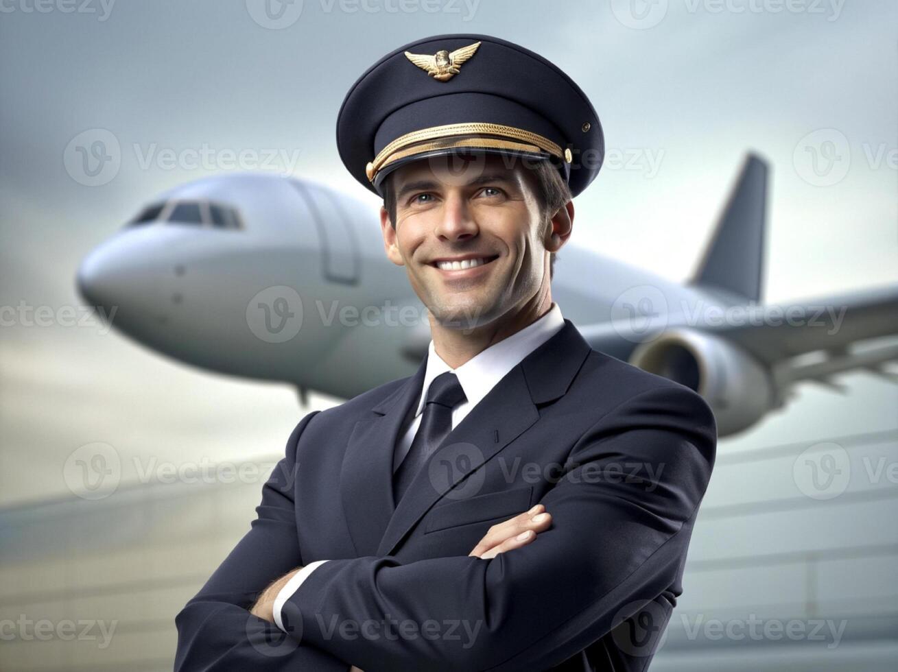 ai généré sur de soi Masculin pilote dans uniforme en gardant bras franchi et souriant avec avion dans le Contexte photo