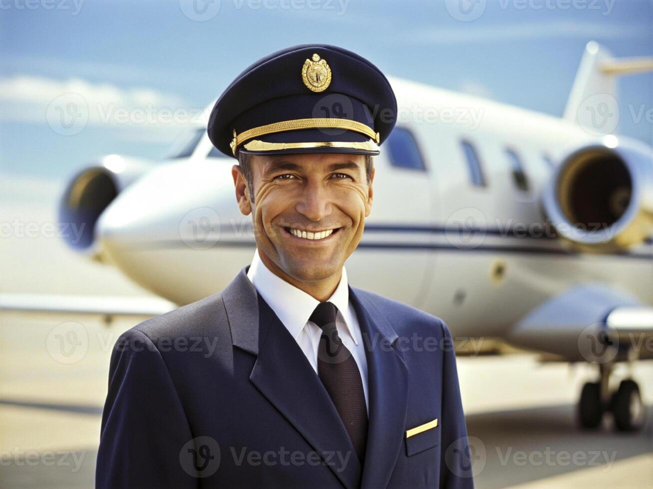 ai généré sur de soi Masculin pilote dans uniforme en gardant bras franchi et souriant avec avion dans le Contexte photo