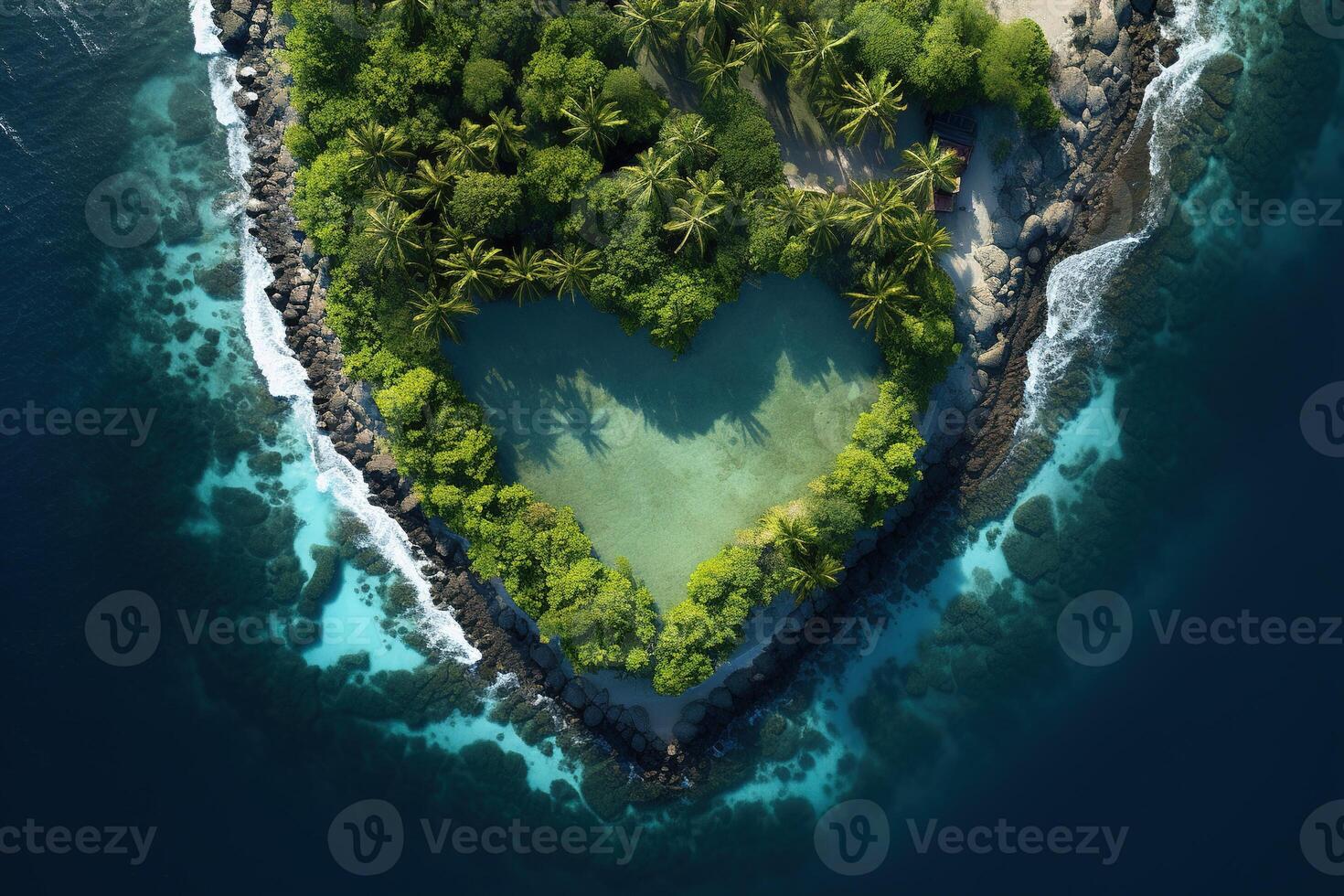 ai généré cœur en forme de lagune sur une paradis tropical île dans océan, aérien vue photo