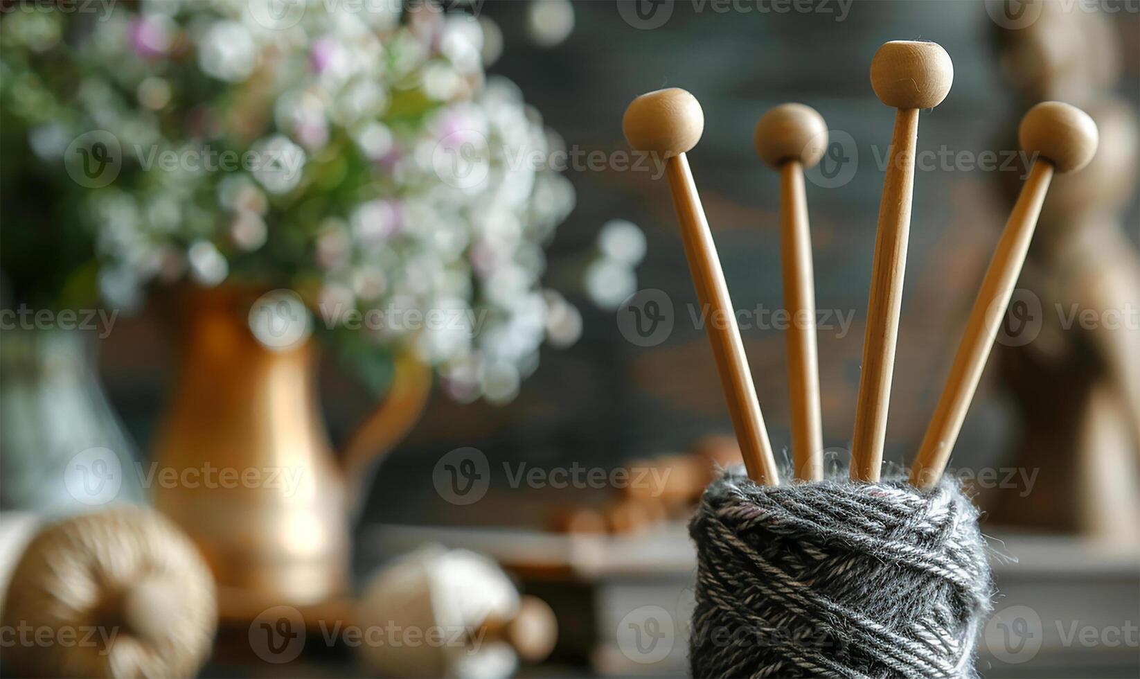 ai généré confortable artisanat tricot avec Naturel gris fil photo