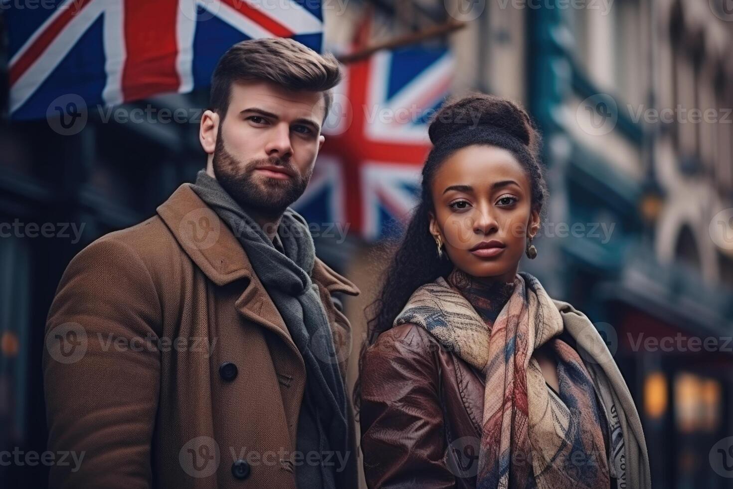 ai généré portrait de une homme et une femme patriotes de leur pays contre le Contexte de une ville rue photo