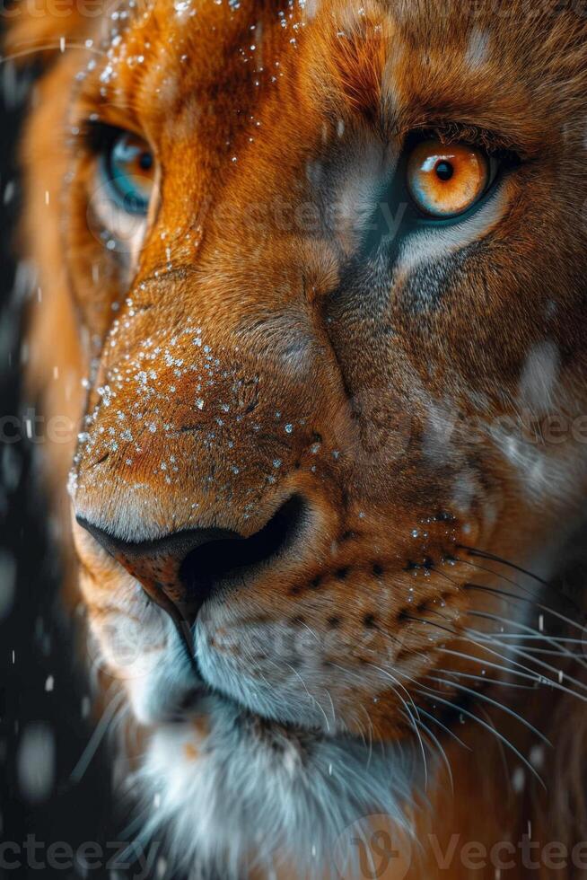 ai généré portrait de une les Lions museau dans fermer. le les Lions tête photo