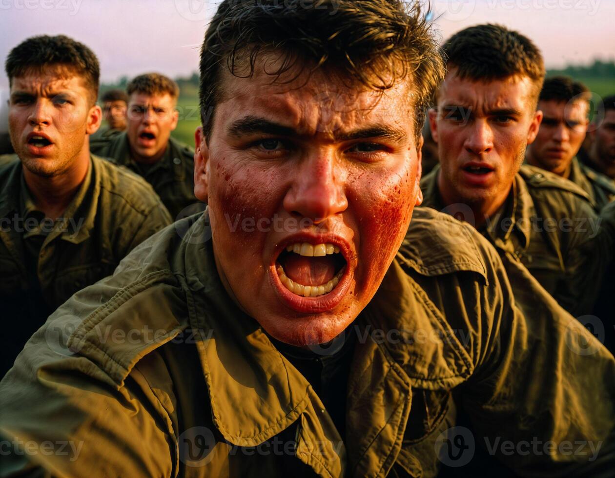 ai généré photo de intense soldat homme dans armée tenue et casque dans sérieux dangereux guerre argumenter avec autre, génératif ai