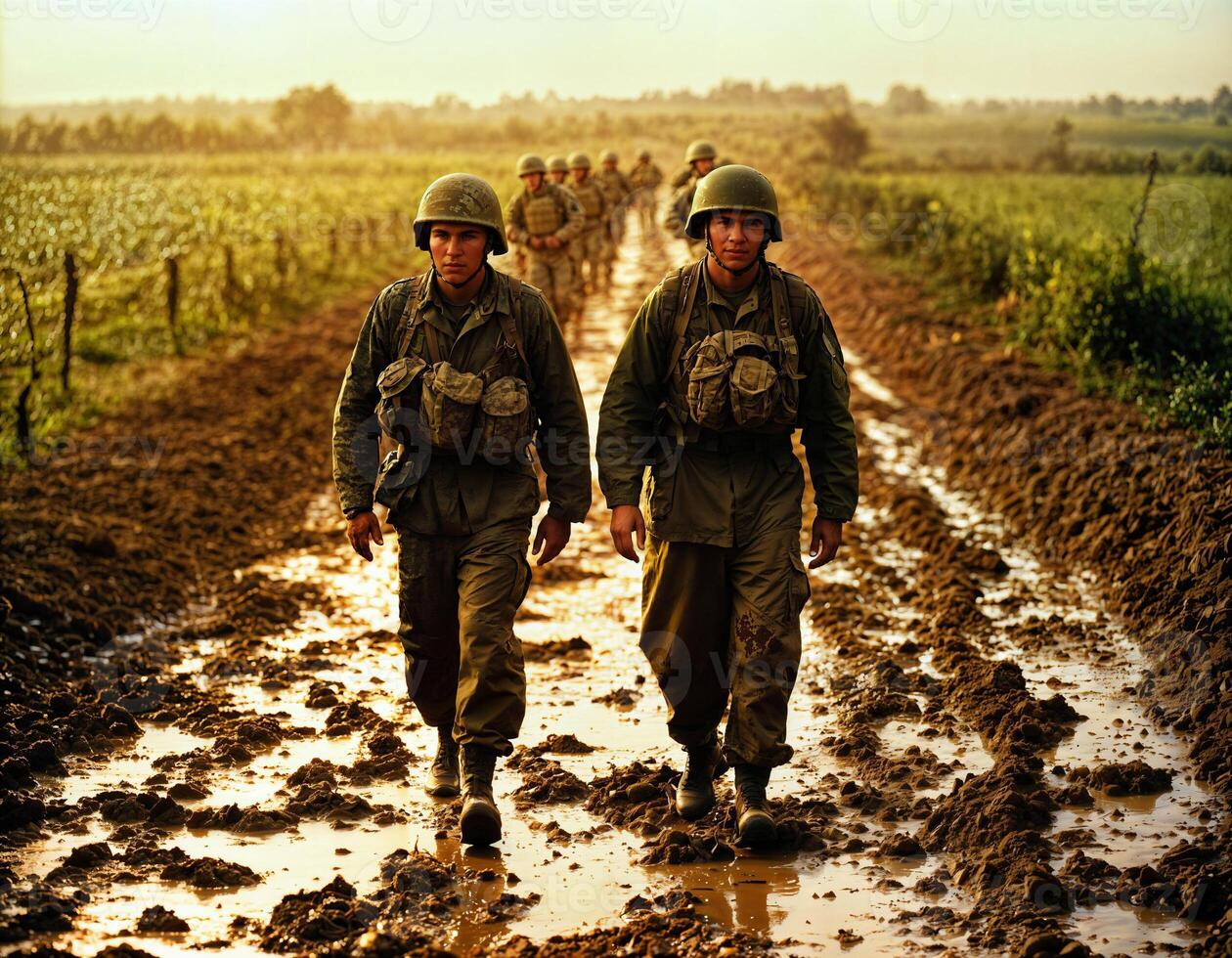 ai généré photo de intense soldat homme dans armée tenue et casque dans sérieux dangereux guerre en marchant sur champ, génératif ai