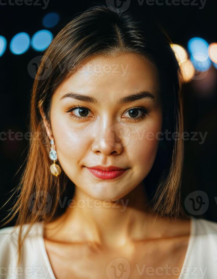 ai généré photo de magnifique asiatique femme permanent à un événement spectacle avec lumière dans arrière-plan, génératif ai