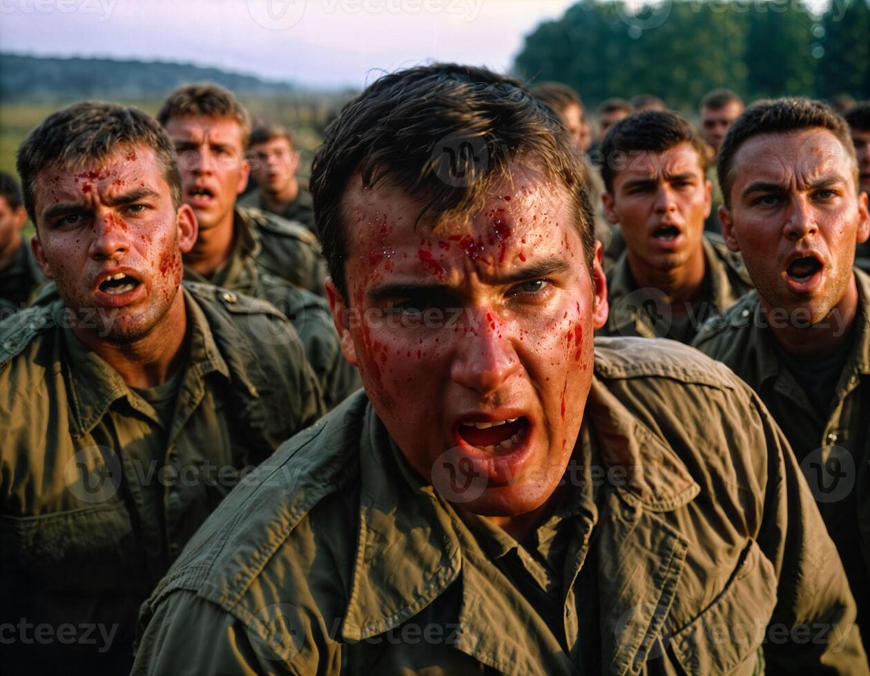 ai généré photo de intense soldat homme dans armée tenue et casque dans sérieux dangereux guerre argumenter avec autre, génératif ai