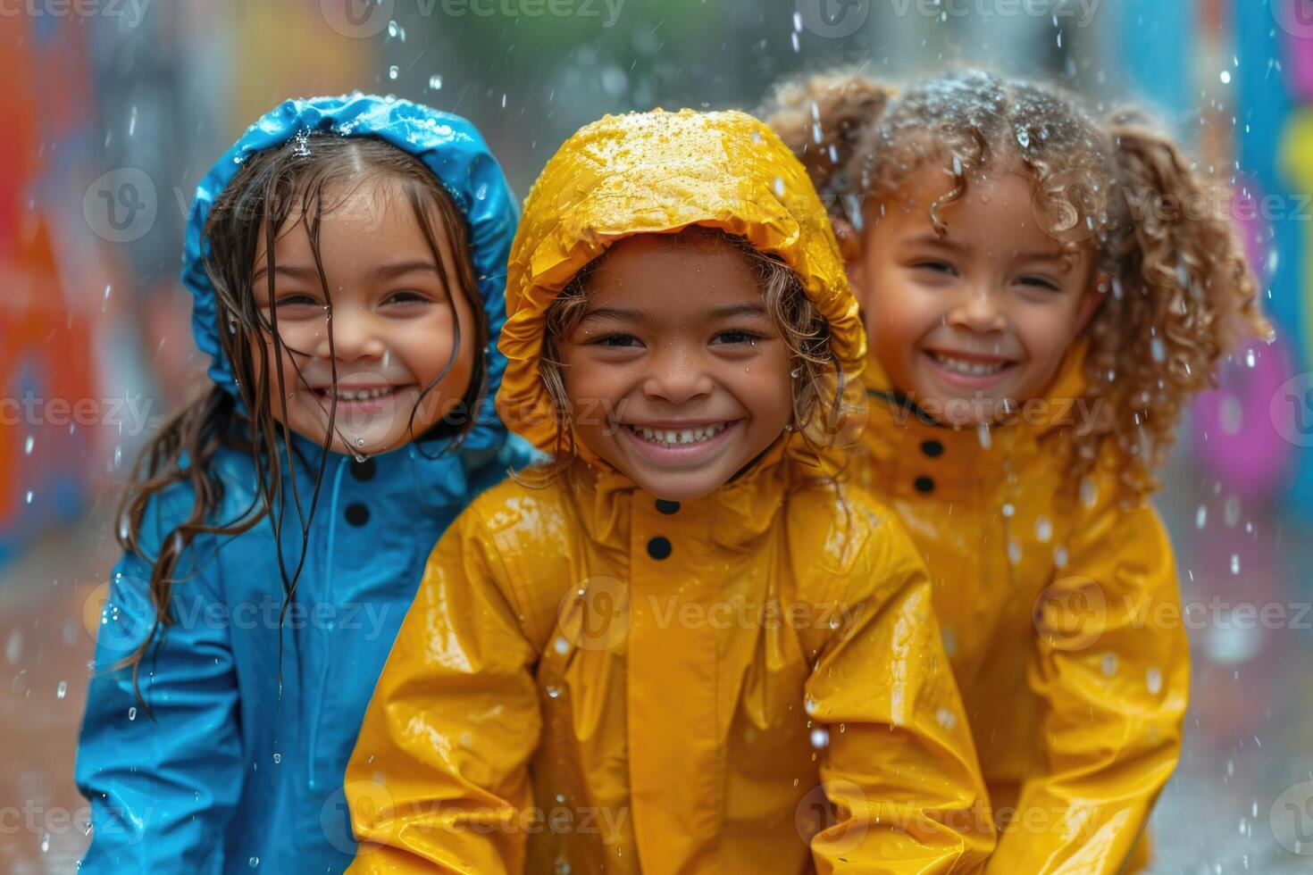 ai généré Trois des gamins dans coloré vêtements ayant amusement tandis que il des pluies à l'extérieur photo