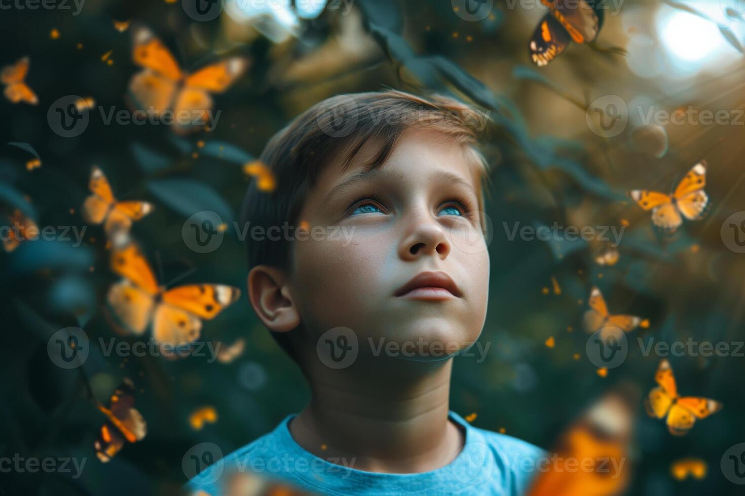 ai généré une garçon sur une Contexte de coloré papillons. texturé Contexte. 3d illustration photo
