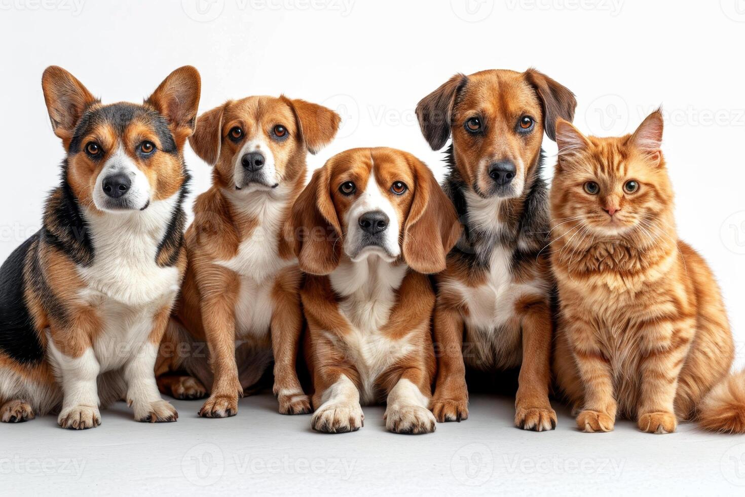 ai généré amical portrait de chiens et chats sur une blanc Contexte photo