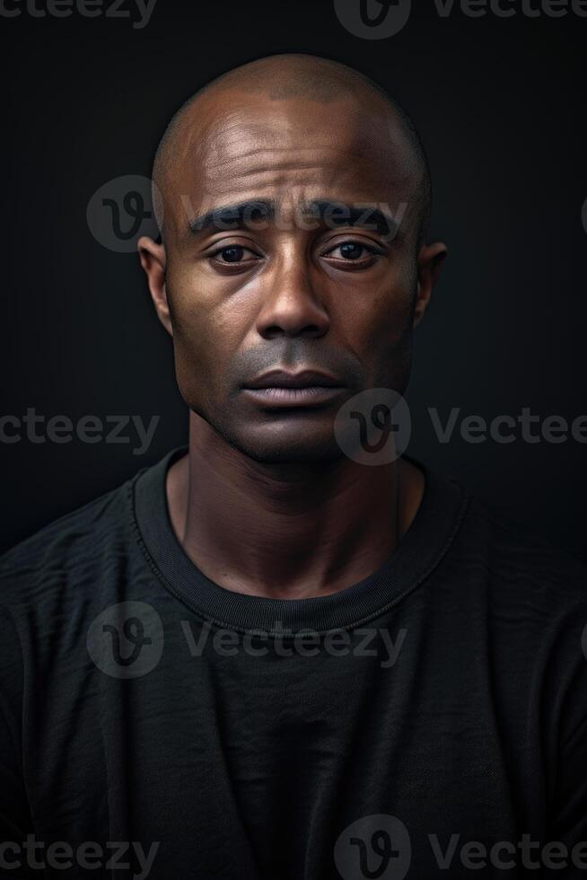 ai généré portrait de une sérieux homme de le africain course sur une noir Contexte photo