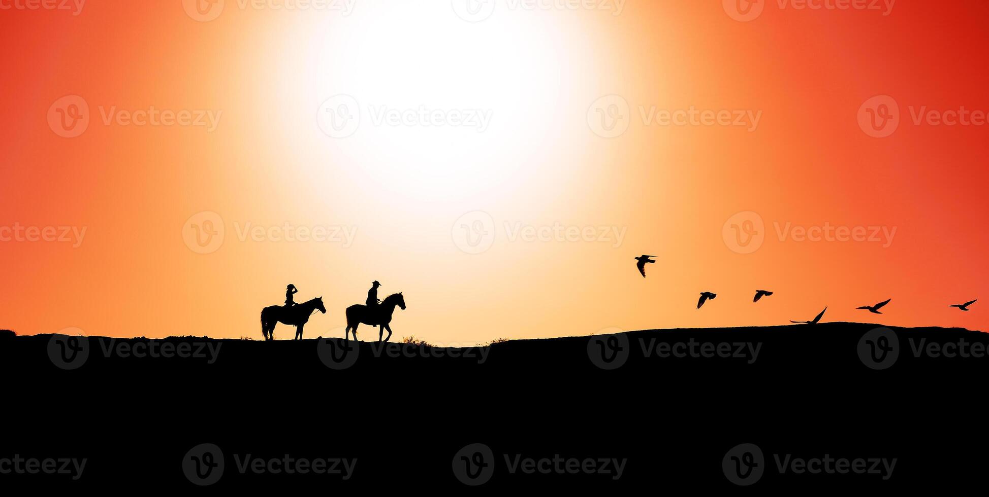 Jeune gens équitation les chevaux à le coucher du soleil temps - à cheval Voyage gens ayant amusement explorant sauvage la nature - animaux passion et équestre mode de vie concept photo