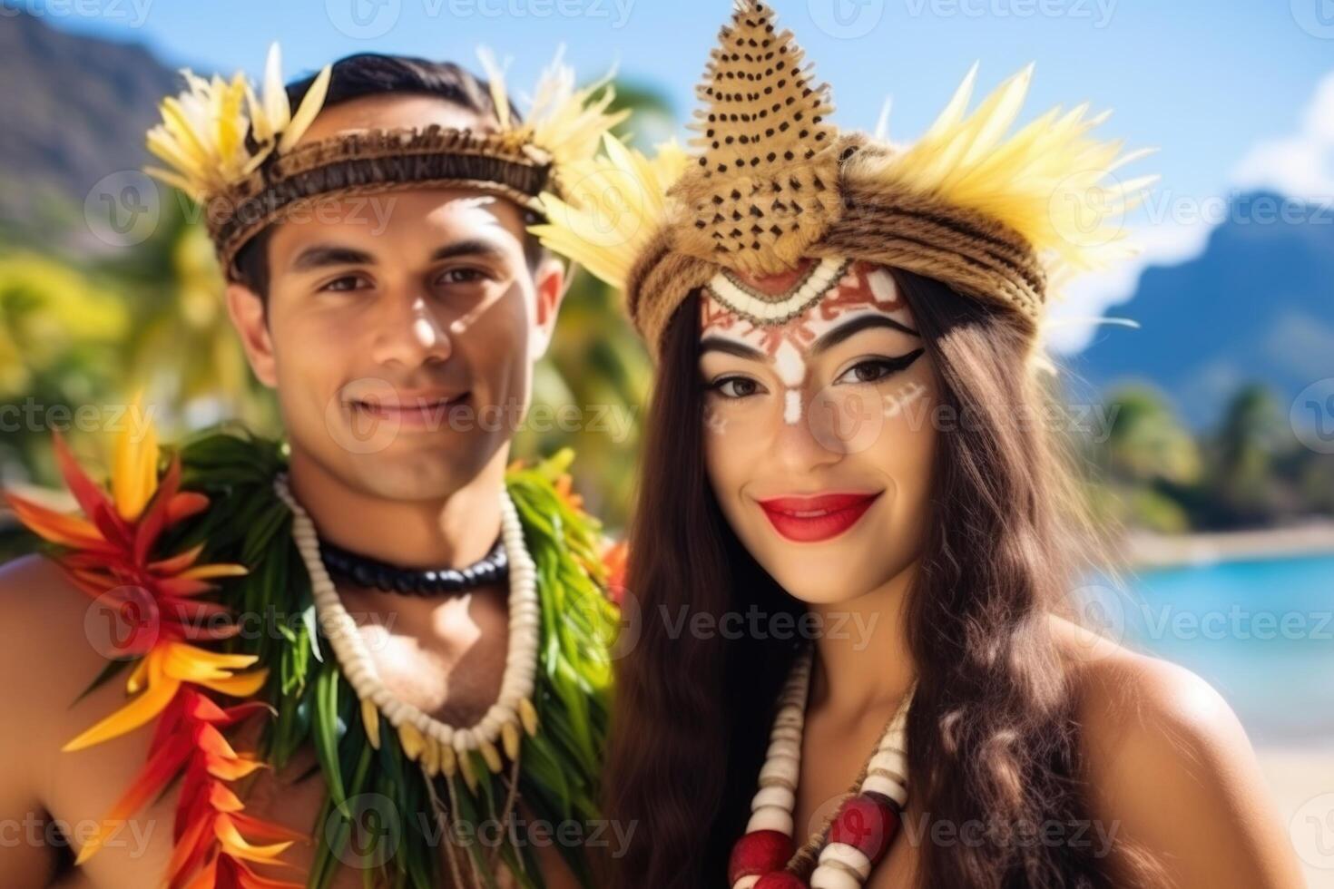 ai généré portrait de une content homme et femme dans nationale costumes sur vacances contre le Contexte de la nature. Polynésie photo