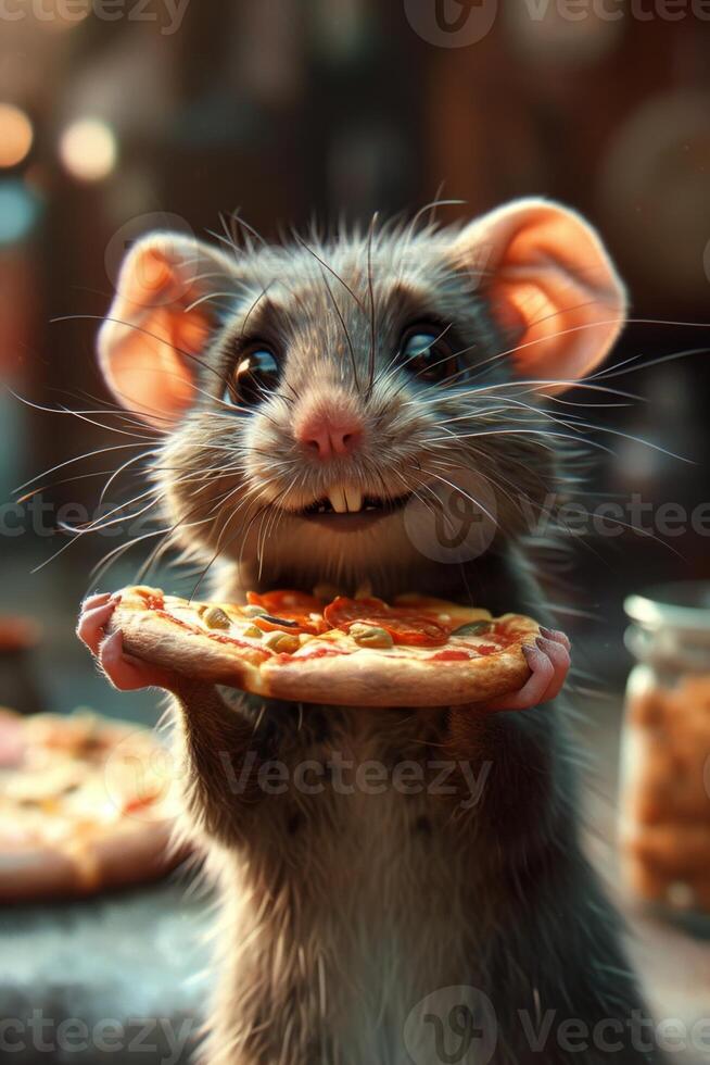 ai généré une content mignonne Souris avec une Pizza dans sa mains. 3d illustration photo