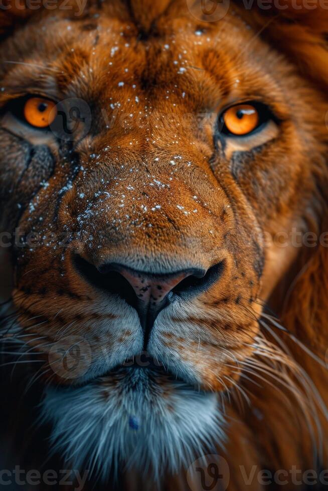 ai généré portrait de une les Lions museau dans fermer. le les Lions tête photo