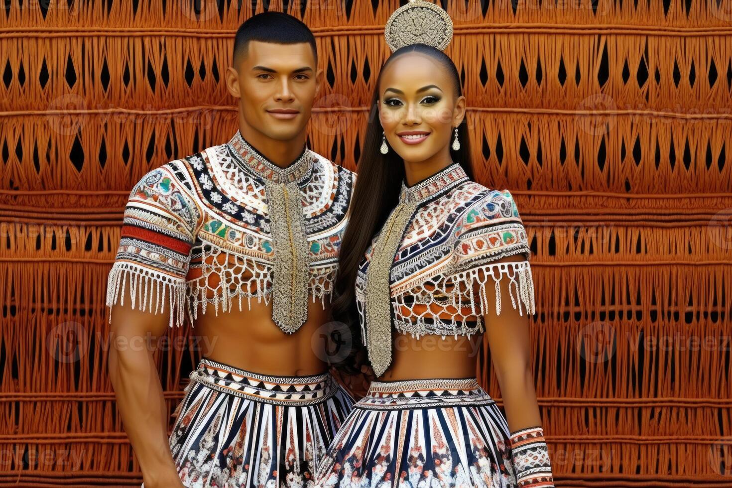 ai généré portrait de une homme et une femme dans nationale déguisements. Polynésie photo