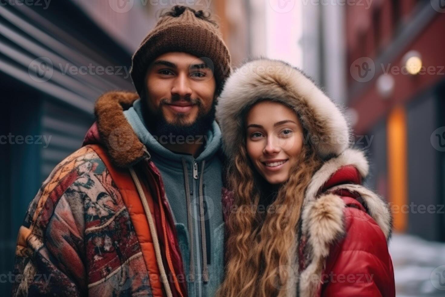 ai généré portrait de une homme et une femme patriotes de leur pays contre le Contexte de une ville rue photo