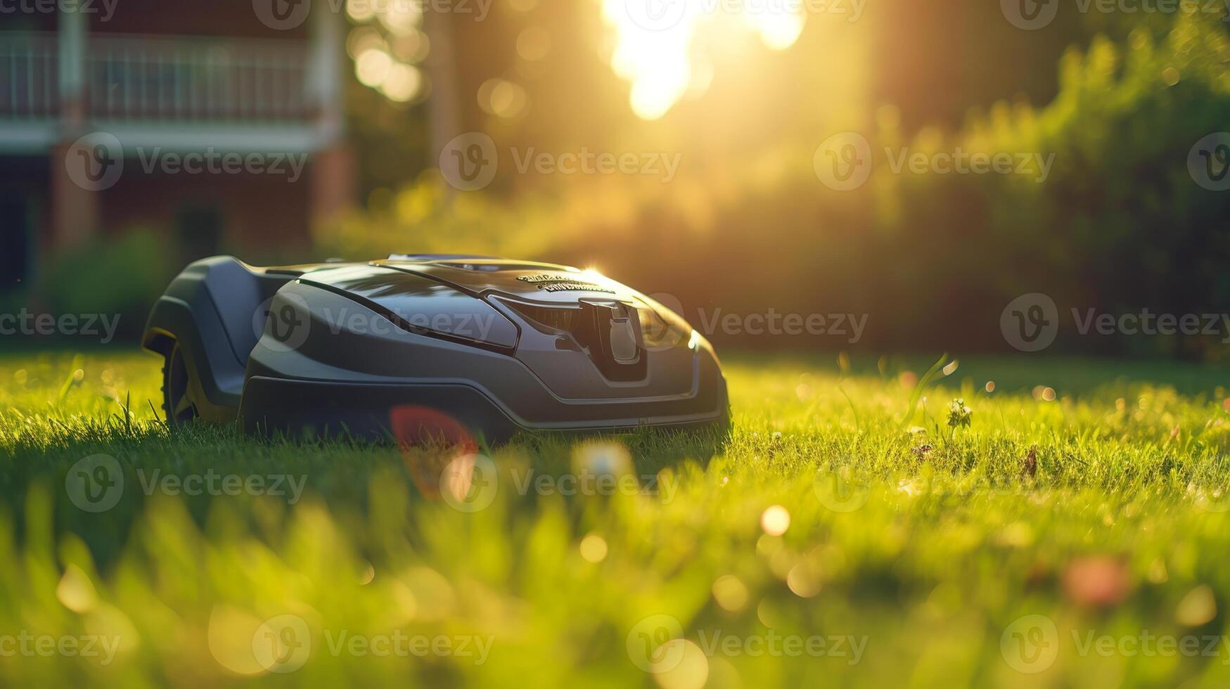ai généré une robotique pelouse tondeuse des stands sur le pelouse près le maison à le coucher du soleil photo