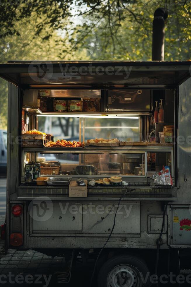 ai généré une van avec rue aliments. une nourriture un camion photo