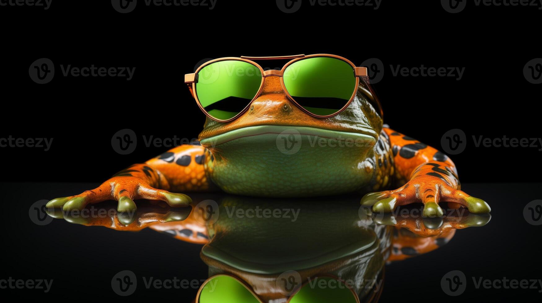 ai généré élégant crapaud dans des lunettes de soleil sur noir Contexte illustration. photo