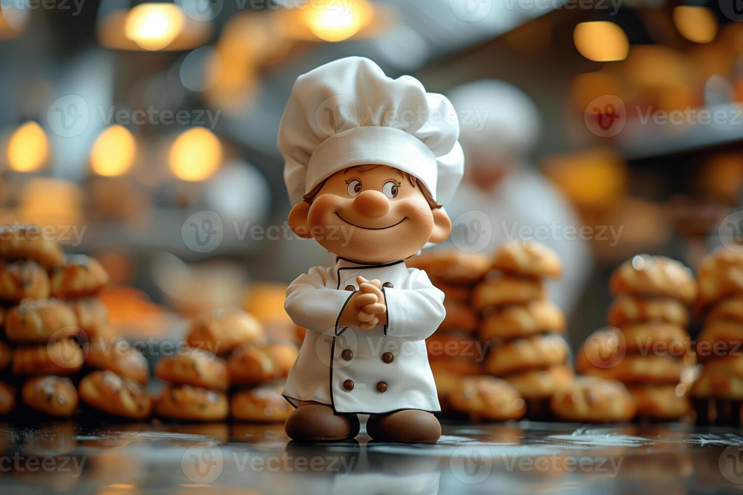 ai généré marrant dessin animé personnage, jouet boulanger dans boulangerie photo