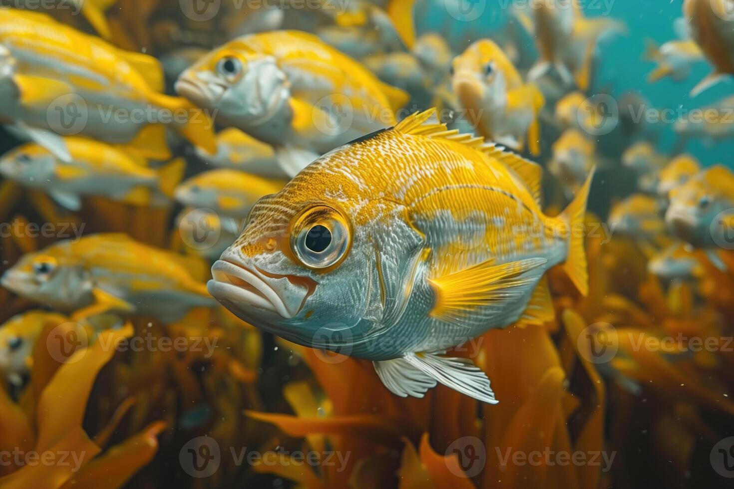 ai généré poisson école sous-marin parmi mer algues photo