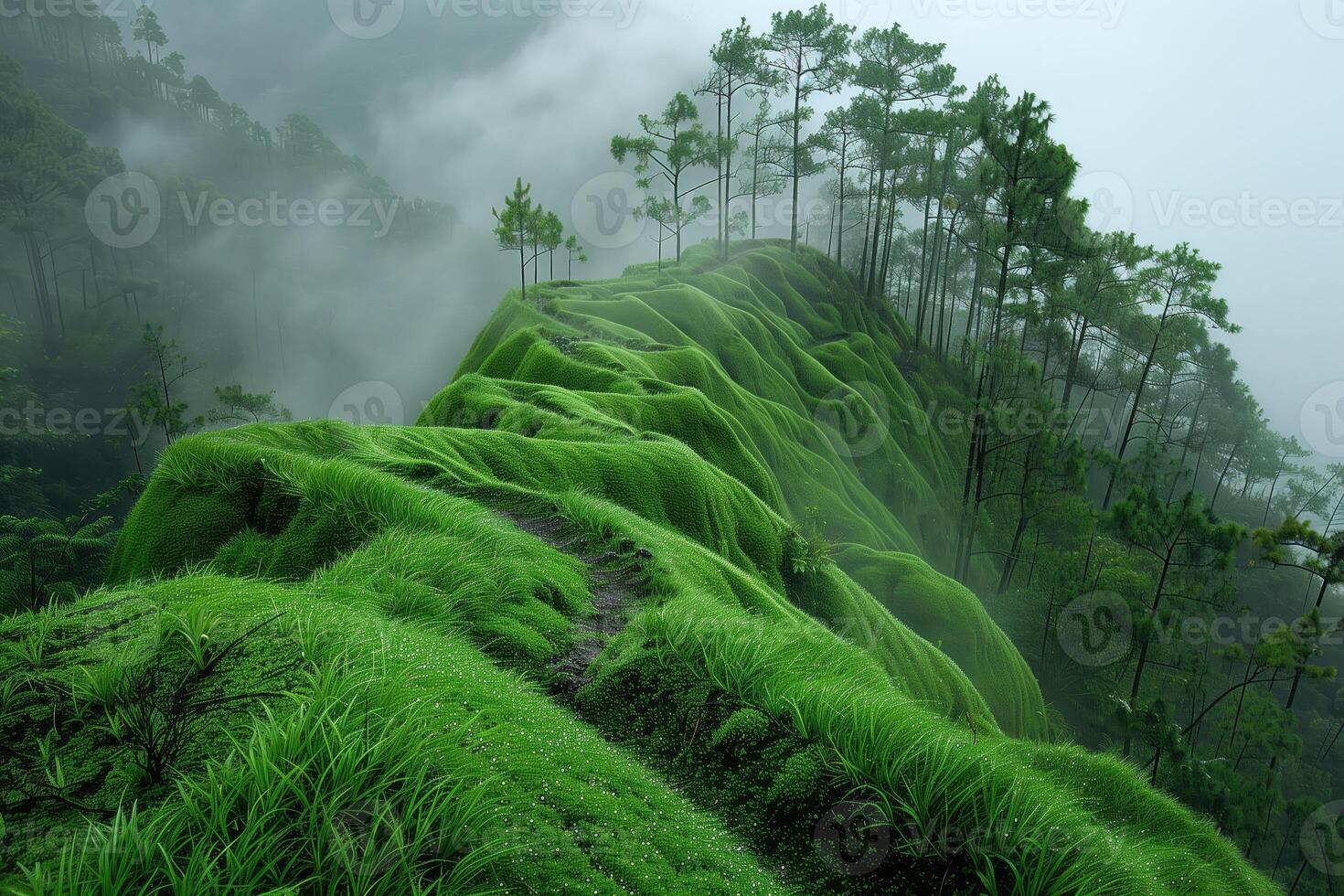 ai généré tropical paysage avec magnifique herbe couvert collines photo