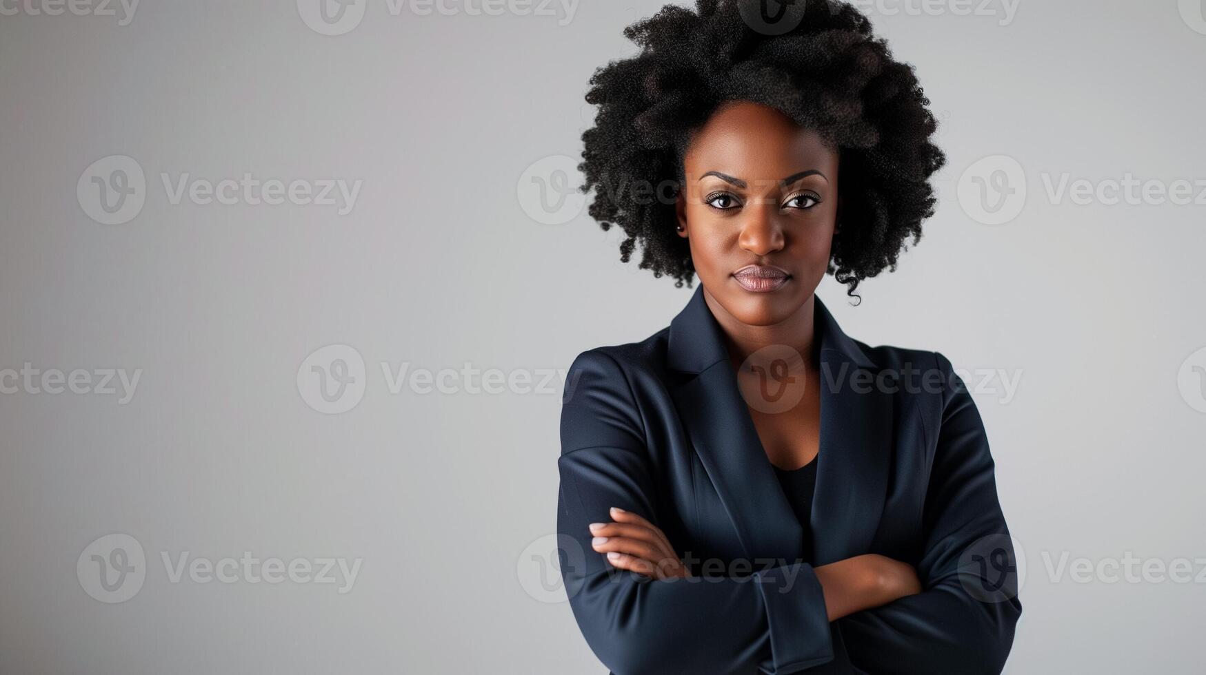 ai généré sur de soi africain américain femme d'affaires avec franchi bras, portant une noir blazer, avec grand copie espace sur une gris Contexte photo
