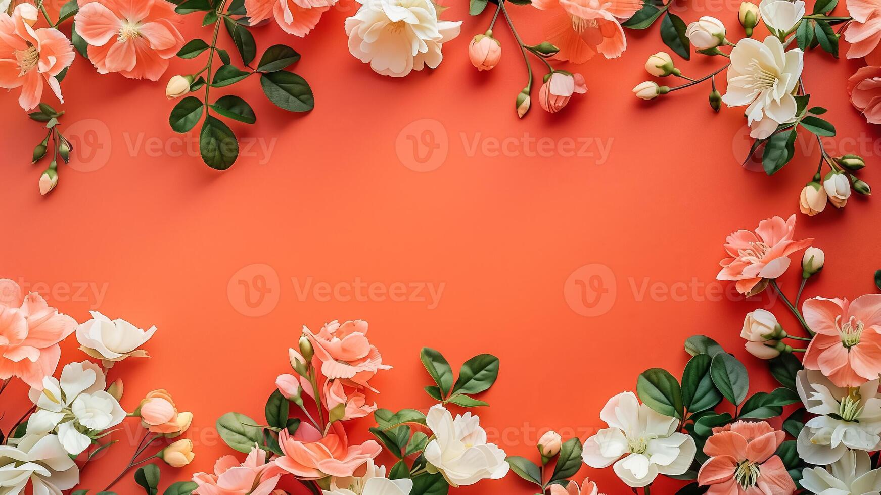 ai généré floral frontière avec magnifique blanc et corail rose fleurs sur une vibrant Orange arrière-plan, idéal pour printemps saison thèmes ou les mères journée promotions photo