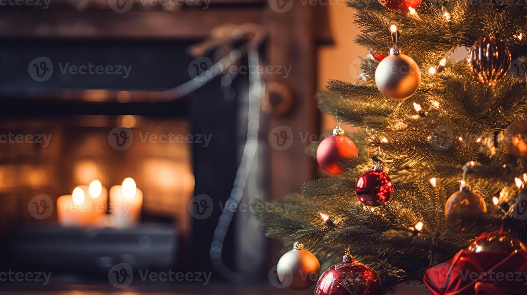 ai généré Noël arbre décorations pour le Anglais pays chalet, Accueil décor, maison dans le campagne et vacances fête photo