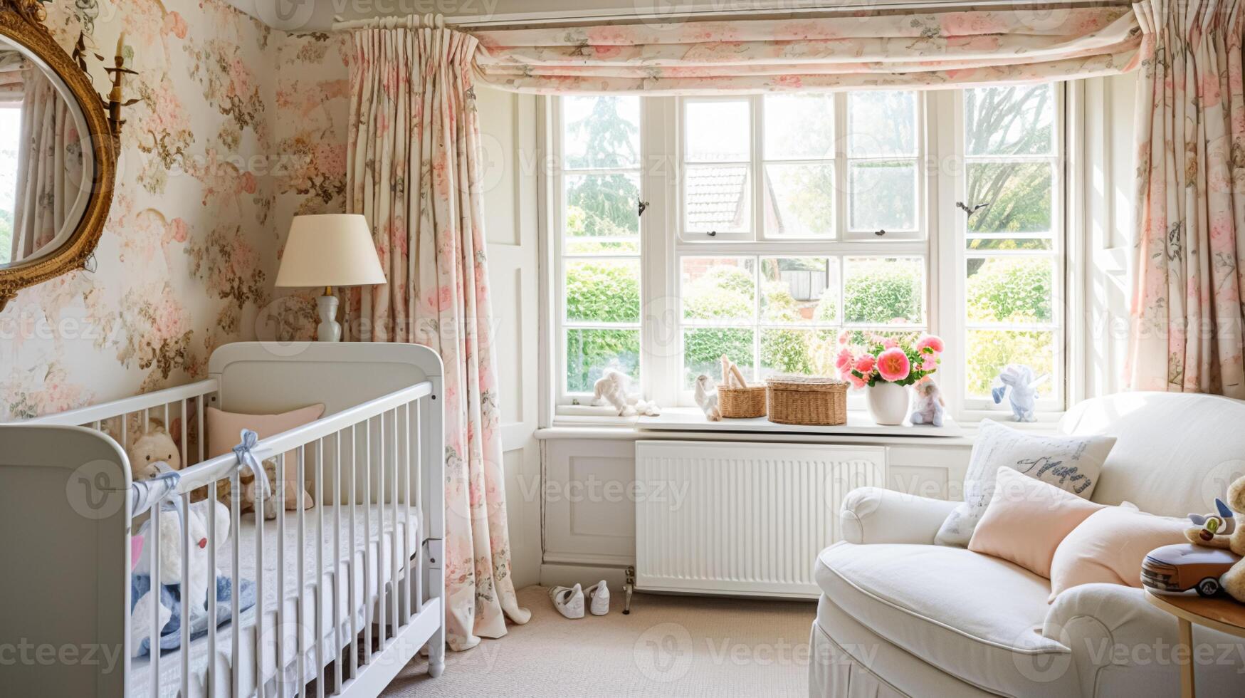 ai généré bébé pièce décor et intérieur conception inspiration dans le Anglais campagne style chalet photo